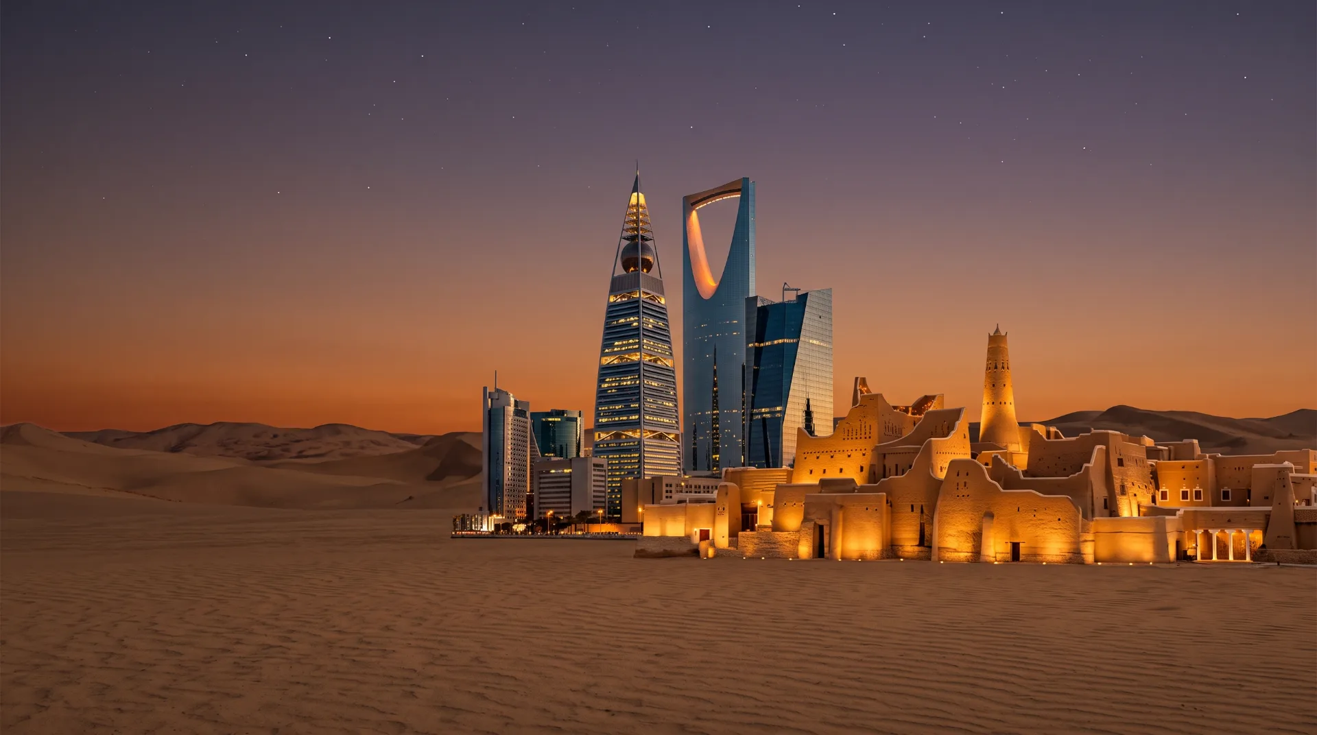 الرياض وقت الغروب، الأفق الحديث بجوار أسوار الدرعية الطينية